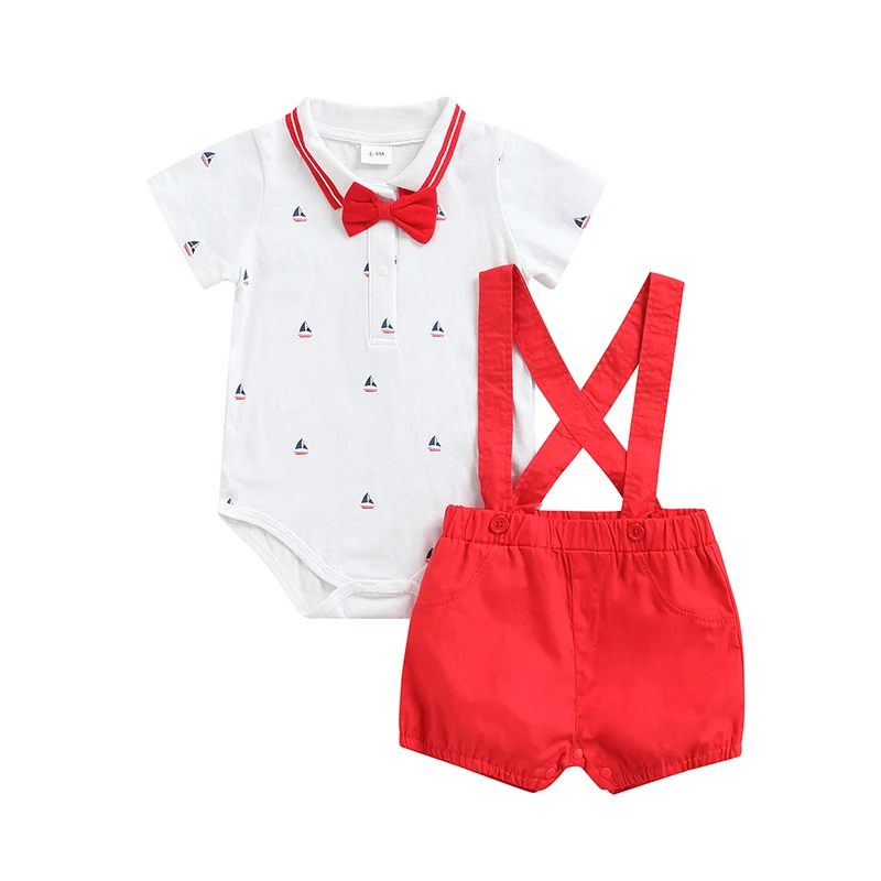 

Baby Boys Two-Piece Suit Sailboat Print Short Sleeve Lapel Bowknot Bodysuit +Suspender Shorts 0-18 Months Daily Wear Photography