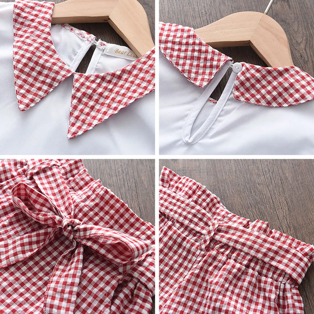 Menoea Toddler Girls Clothes Sets 2022 New Summer Patchwork T-shirts + Plaid Bow Shorts Casual Outfits Baby Kids Clothing Suits | Детская