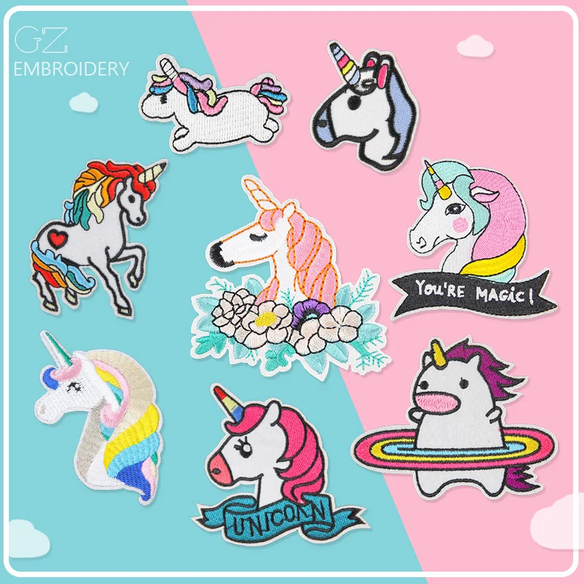 Cartoon Fat Unicorn Embroidery Iron on Patches Cute Pony Head Portrait Badges Rainbow Horse Cloth Appliques for Children Apparel images - 6