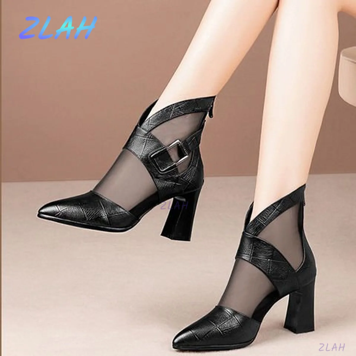 

Women's High Heel Sandals Boots Pointed Toe Chunky Heels Zlah Buckle Mesh Ankle Boots Women's Summer Women's Sandal Boots