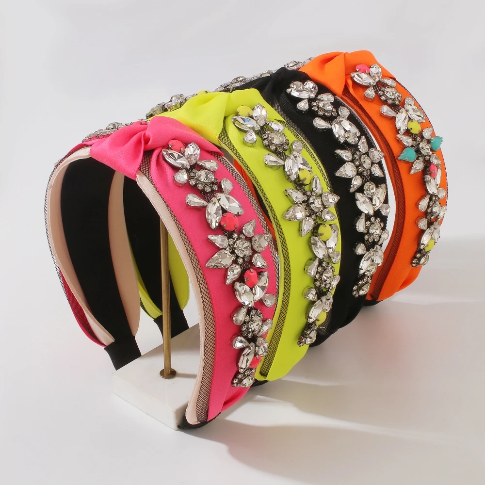 Новая мода барокко вставил стразовый цвет скользкой шелковой ткани ободок с верхним узелком из кружева лента для волос дамский подарок аксессуары для волос.