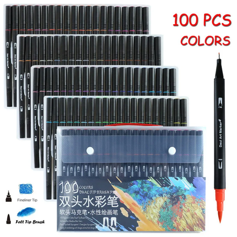 

Professional Watercolor Draw Marker Pen Dual Tip Fineliner Brush Pens Set For 60/72/100 Colors For Mange Sketching Art Supplies
