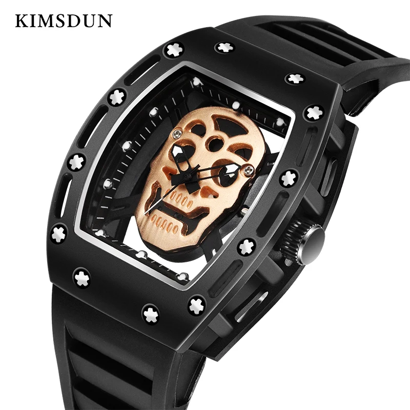 

Father's Day Gift Kimsdun Watch for Men Luxury Brand Hollow Skull Ghost Head Male Tonneau Silicone Watches Relogio Masculino