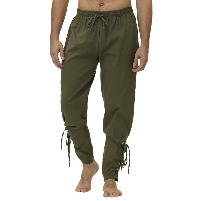 

Fashion Bandage Tie-up Slim Trousers Men Autumn Vintage Solid Drawstring Mid Waist Long Pant Mens Casual Pants Summer Streetwear