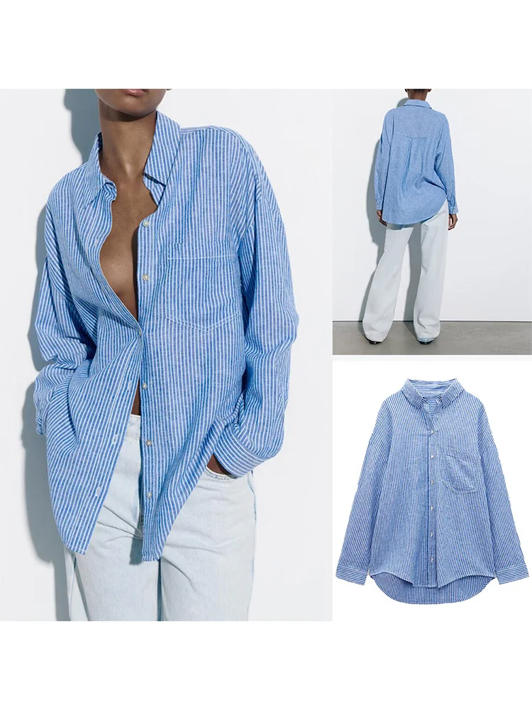 

Spring Summer New Women's Fashion Elegant Casual Long Sleeve Lapel Front Patch Pocket Button Linen Blend Striped Loose Shirt