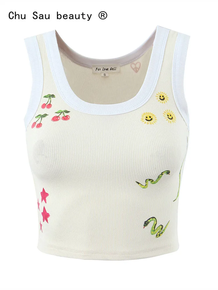 

Женский короткий жилет с круглым вырезом, милый Повседневный укороченный топ с принтом, весна-лето 2023