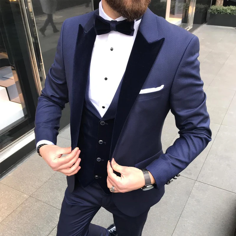 

Облегающие мужские костюмы с черным бархатным лацканом, свадебные смокинги для жениха, индивидуальный Мужской комплект из 3 предметов, пиджак, брюки, жилет, модный костюм