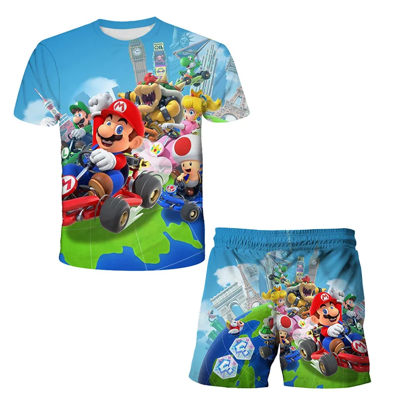 

Hot Style T-Shirt+Pants 2pcs cartoon Kids Beach Pants Anime Game Marios- Children Baby Clothing Boys Girls Universal Shorts Set