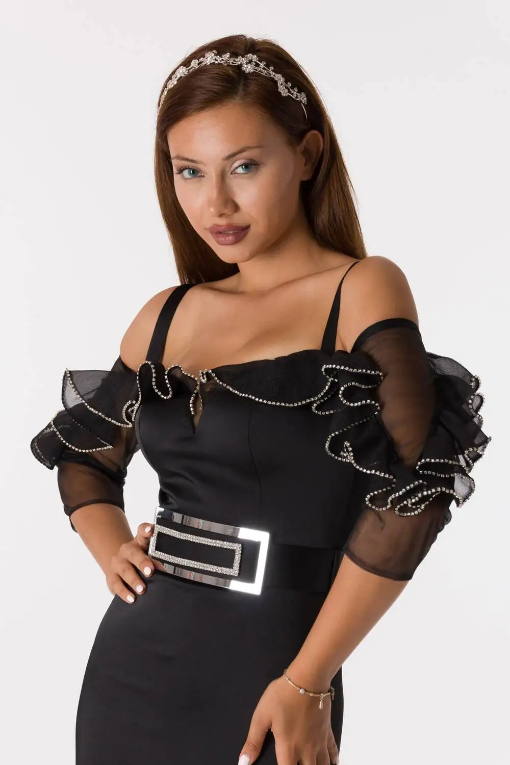 

Belt Detail Handles Frilly Black Long Satin Evening Dress