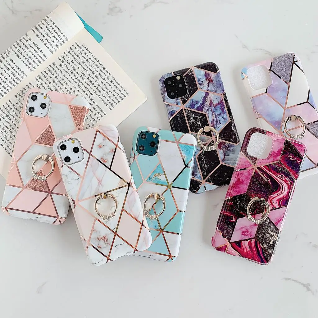 

Plated Geometric Marble Phone Case For iPhone XS Max XR XS 7Plus 8Plus SE2020 IMD Protection Cases With Ring or Balloon Bracket