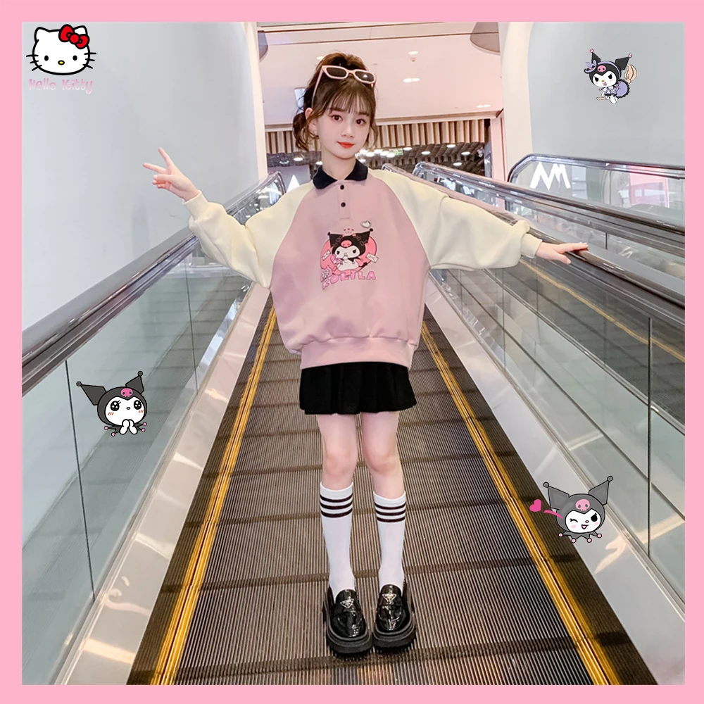 

Anime Kuromi Sanrio Kids Girls Sweatshirt Long Sleeved Pleated Skirt Y2K Cute Korean Style Autumn Kawaii Cotton Student Clothing