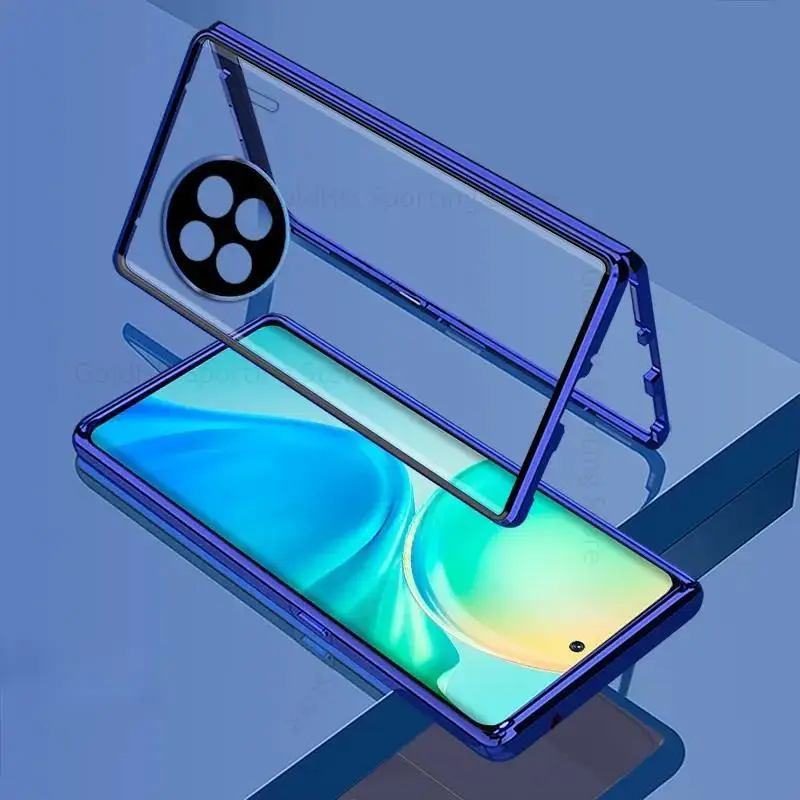 

For vivo X90 Pro Plus Magnetic Adsorption Tempered Glass Phone Case For Vivo X70 X80 X90 Flip Cover Double-Sided Film Protector