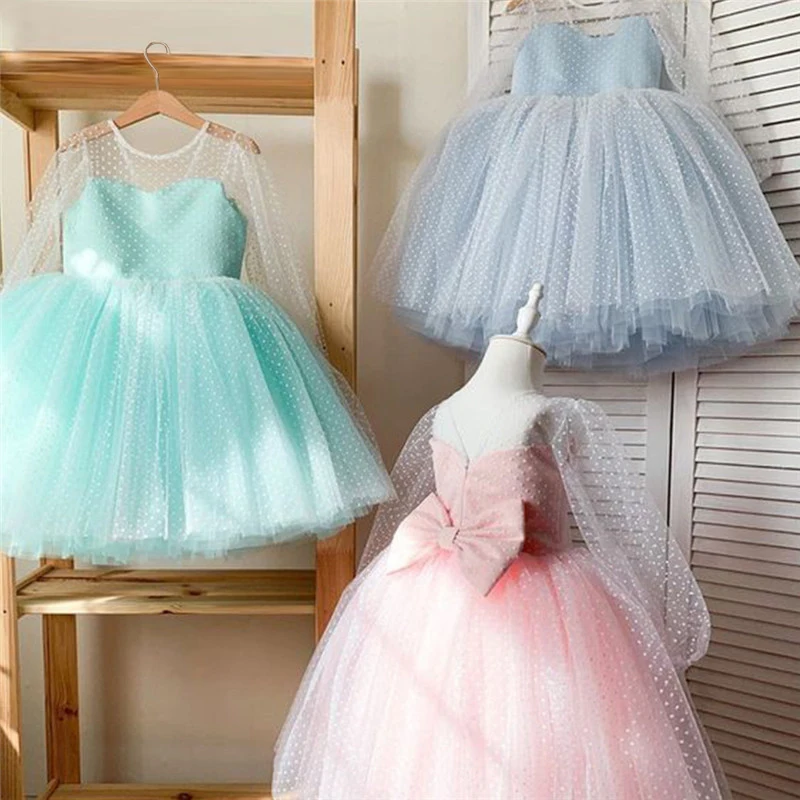 

Wedding Party Dress for Girls Polka-Dot Flower Children's Dresses Evening Communion Backless Elegant Gown Kids Princess Dresses,