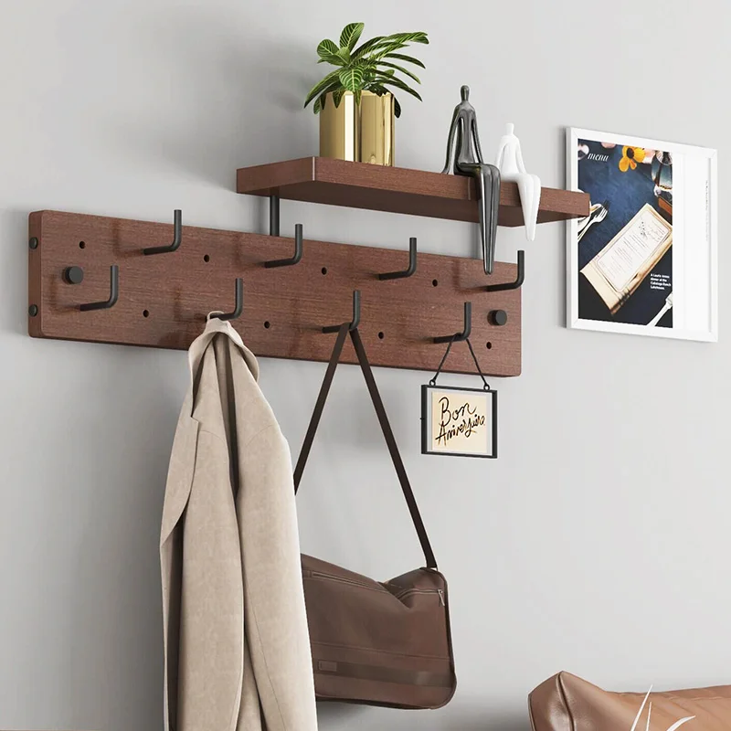 

Wall Hooks with Shelf, Wood Coat Rack with Shelf Wall-Mounted, Entryway Hanging Shelf with 8 Metal Hooks for Clothes Hats Towel