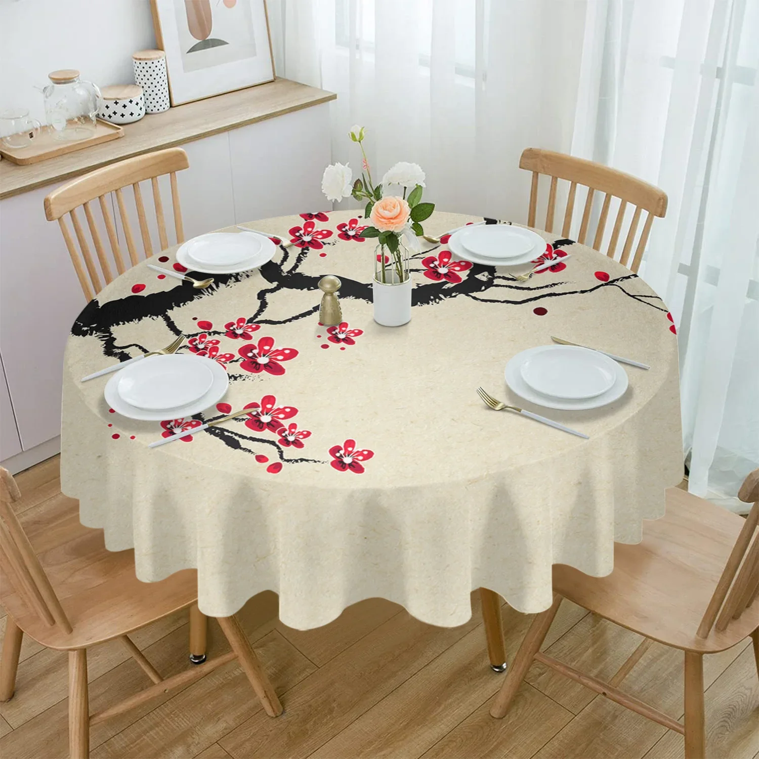 Вишневый цветок ветка китайский стиль круглая скатерть водостойкая крышка стола