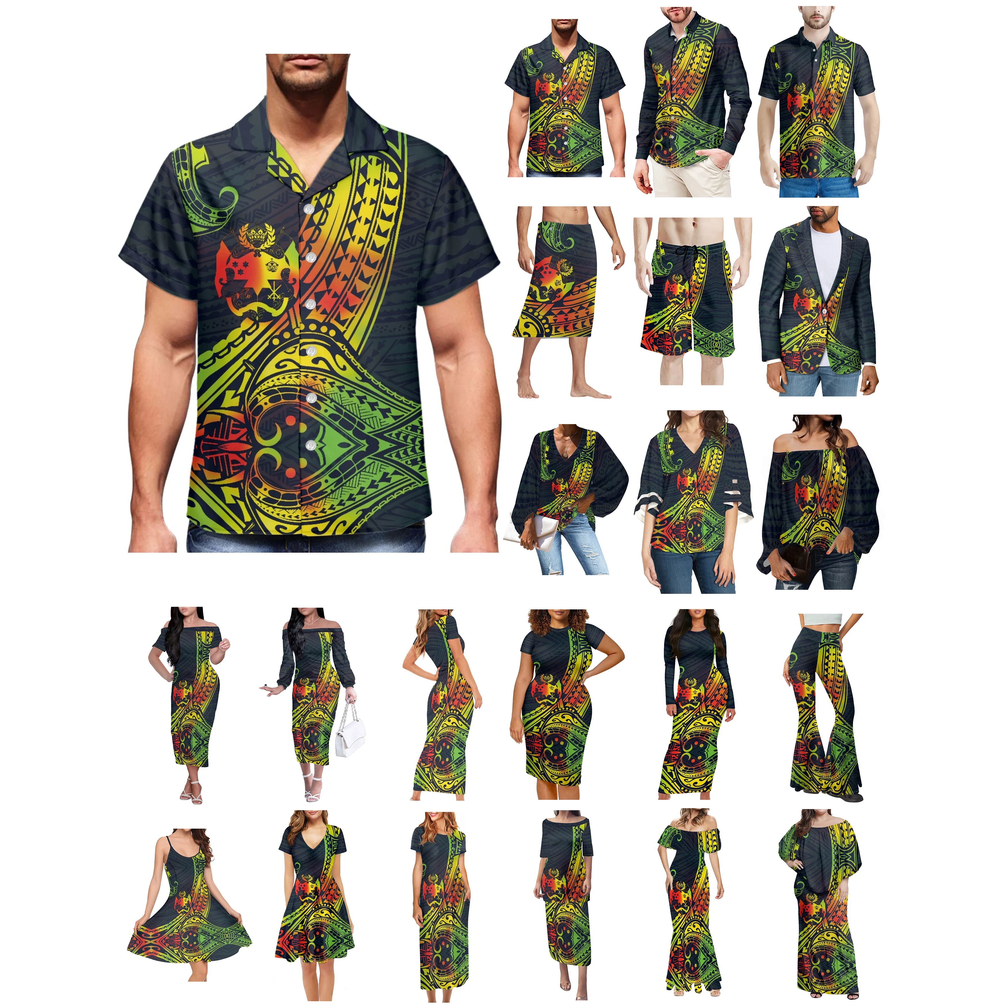 

Полинезийская одежда Tonga с принтом родовых татуировок, женское платье, подходящая Мужская рубашка, удобная повседневная одежда черного и зеленого цветов для влюбленных