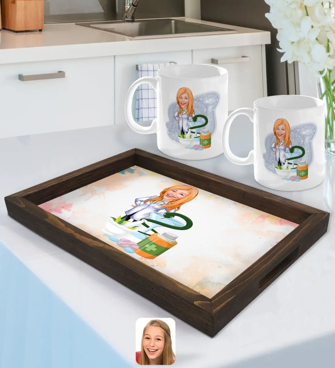 

Персонализированная Женская фармацевтическая карикатура поднос из натурального дерева и 2gang Cup Seti-2