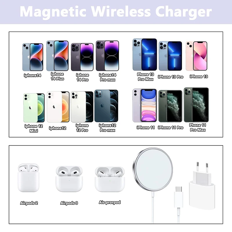 Оригинальное Беспроводное зарядное устройство Apple Magsafe для iPhone 16 15 14 13 12 11 Pro Max SE Mini X XS XR 8 Plus, кабель с молнией типа C для быстрой зарядки (art.: 3920ce90fa03f) - 3920ce90fa03f