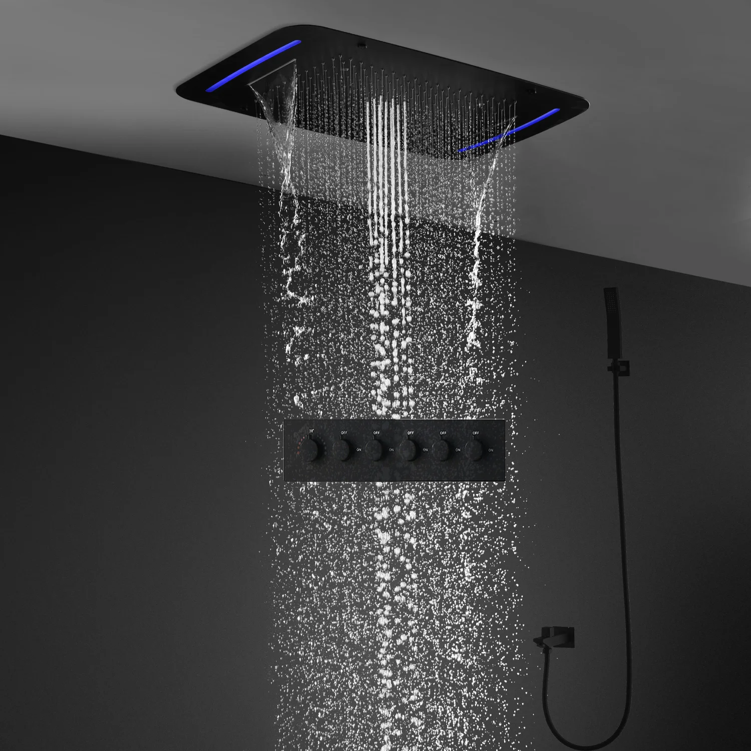 

Bathroom Ceiling LED Rainfall Shower System Set 710X430MM 304 Stainless Steel Massage Waterfall Shower Head Thermostatic Faucets
