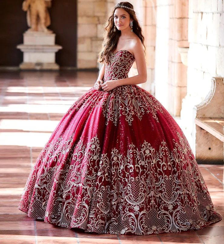 

Burgundy Quinceanera Dresses Ball Gown Sweetheart Sequins Lace Puffy Mexican Sweet 16 Dresses Charro 15 Anos