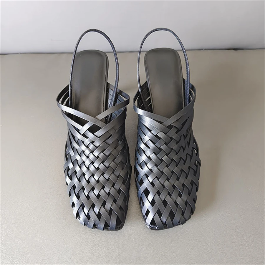 

The Row Knitted Sandals Casual Fashion Genuine Leather Muller Baotou High Heel Half Trailer Women's Shoes