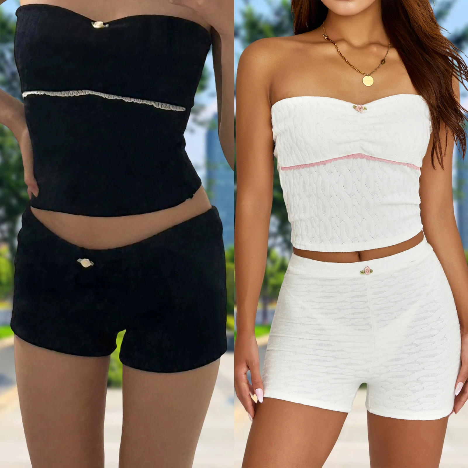 

Summer Sexy Short Sets Sleeveless Floral Tube Top Micro Trousers Suits Korean Spicy Girl Y2k Slim Two Piece Set