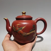 7 chinese yixing zisha pottery outline in gold phoenix pattern teapot purple clay pot kettle red mud ornaments gather fortune