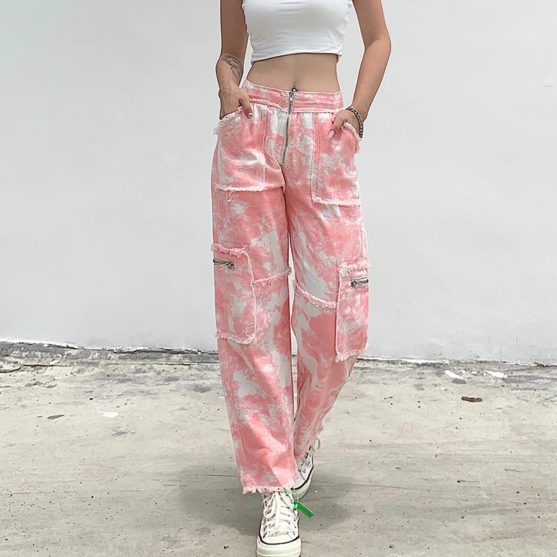 

2021 Casual Fashion Long Trousers Streetwear New fashion Hip hop Zipper pants Tie Dye Jeans Women Pocket High Waist Denim Pants