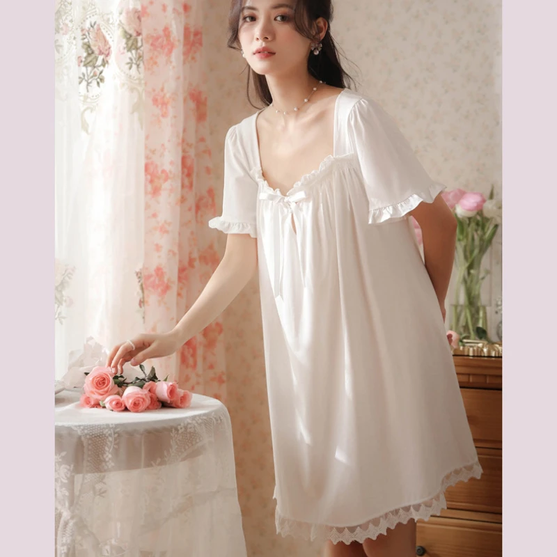 Women Cotton Night Dress Summer Sweet White Ruffle Short Sleeve Nighty Victorian Nightdress Vintage Nightgown Princess Sleepwear