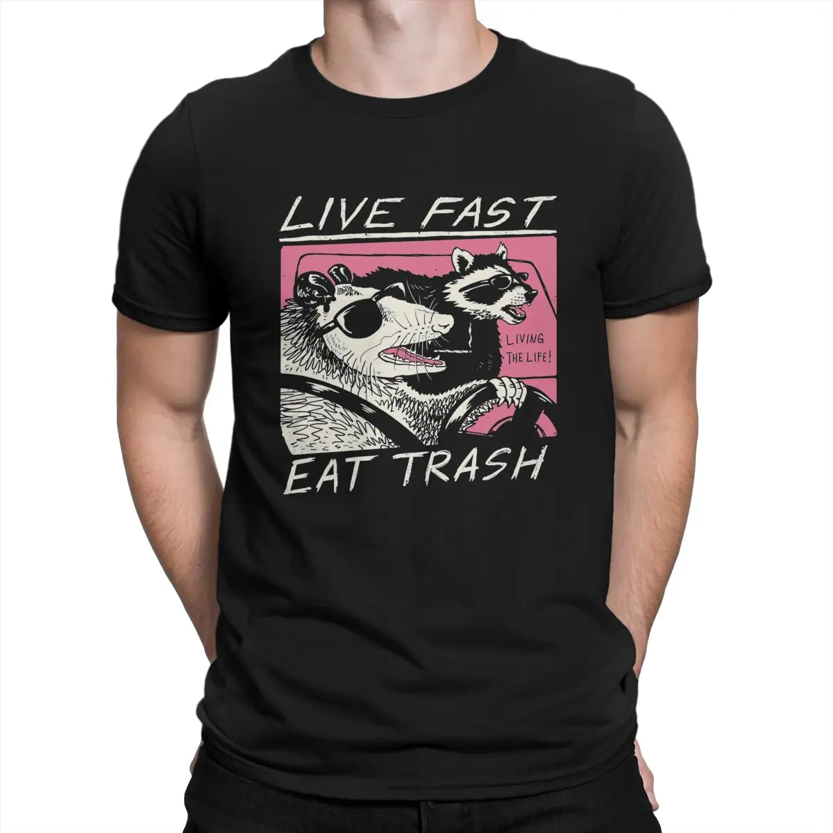 

Racoon Animals Men's TShirt Live Fast! Eat Trash Classic Distinctive T Shirt Harajuku Streetwear Hipster