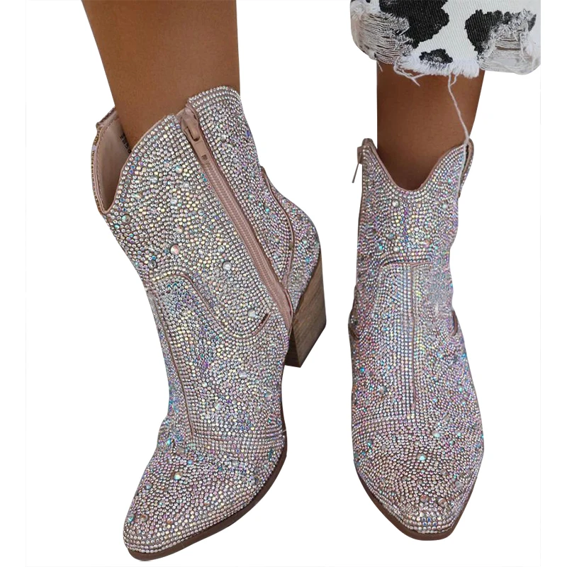 Pointed Toe Short Boots Women Champagne Silver Wide Calf Embroidered Sequin Hot Diamond Block Heel Pull-On Cowgirl Booties Shoes
