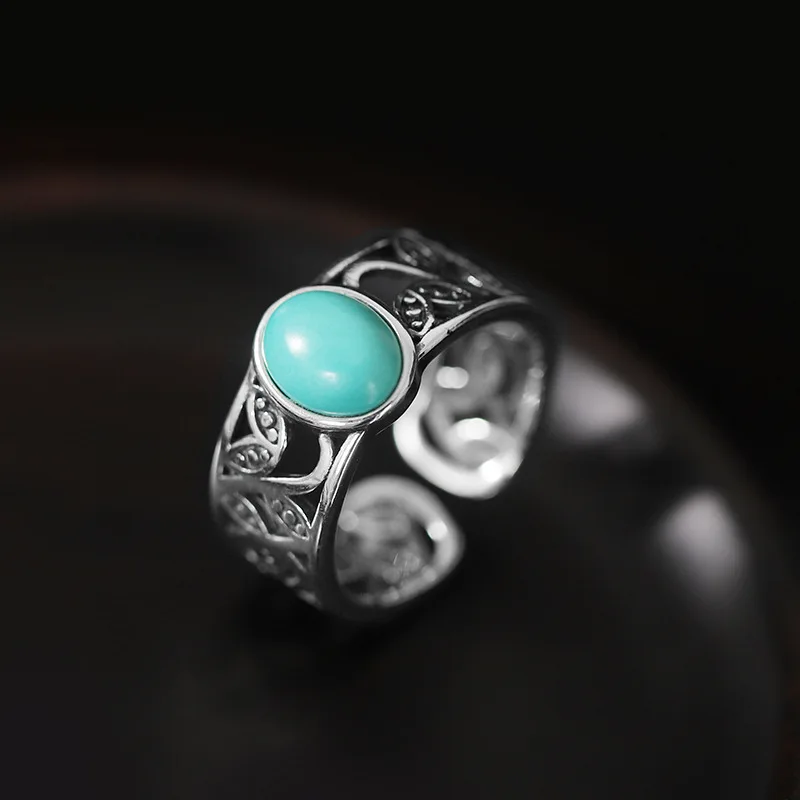 

Kinel 925 Sterling Silver Original Certified Hollow Out Oval Natural Turquoise Ring For Women Vintage Simple Old Make Desgin