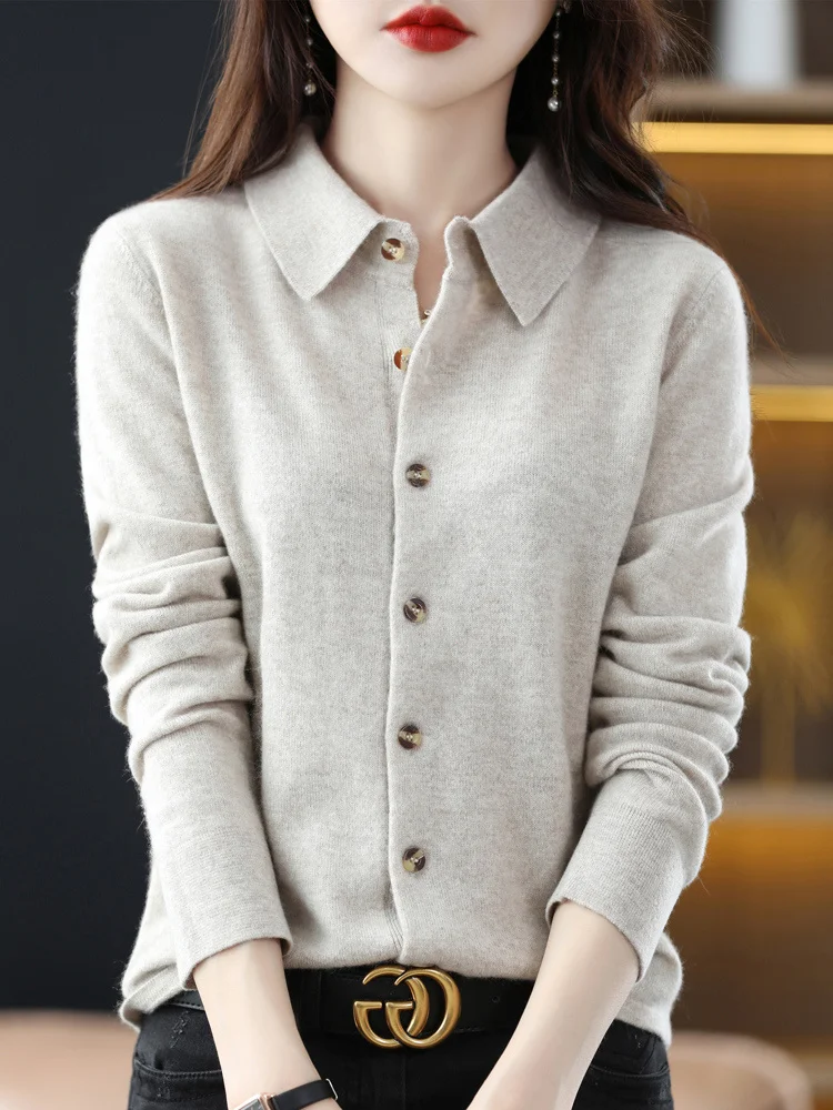 

Spring And Autumn New Women's Long-sleeved POLO Shirts Are Simple, Generous And Comfortable All-match Lapel Knitted Cardiga 2023