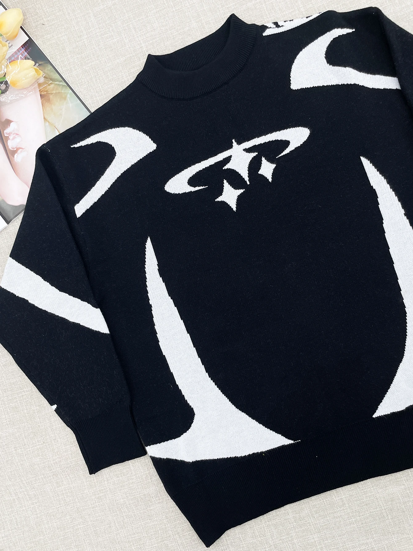 2024 sweter damski z okrągłym dekoltem czarno-biały gruby ciepły wiosenny Vintage Casual swetry dzianiny dla kobiet