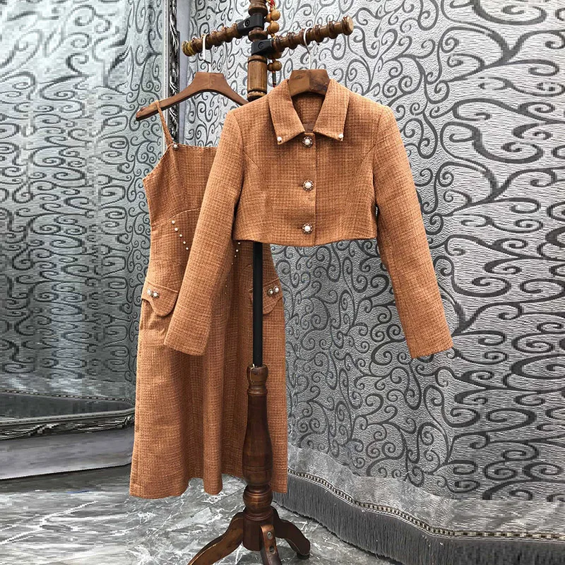 

Tops Fashion Designer Clothing Sets 2022 Autumn Winter 2 Piece Set Women Long Sleeve Coat Jacket+Strap Khaki Black Dress Sets