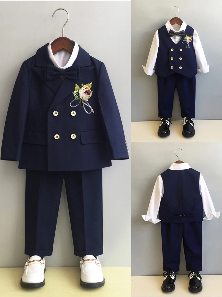 Boys Suit Double Breasted Solid Color Cute Casual Three-piece Performance Dress  костюм детский