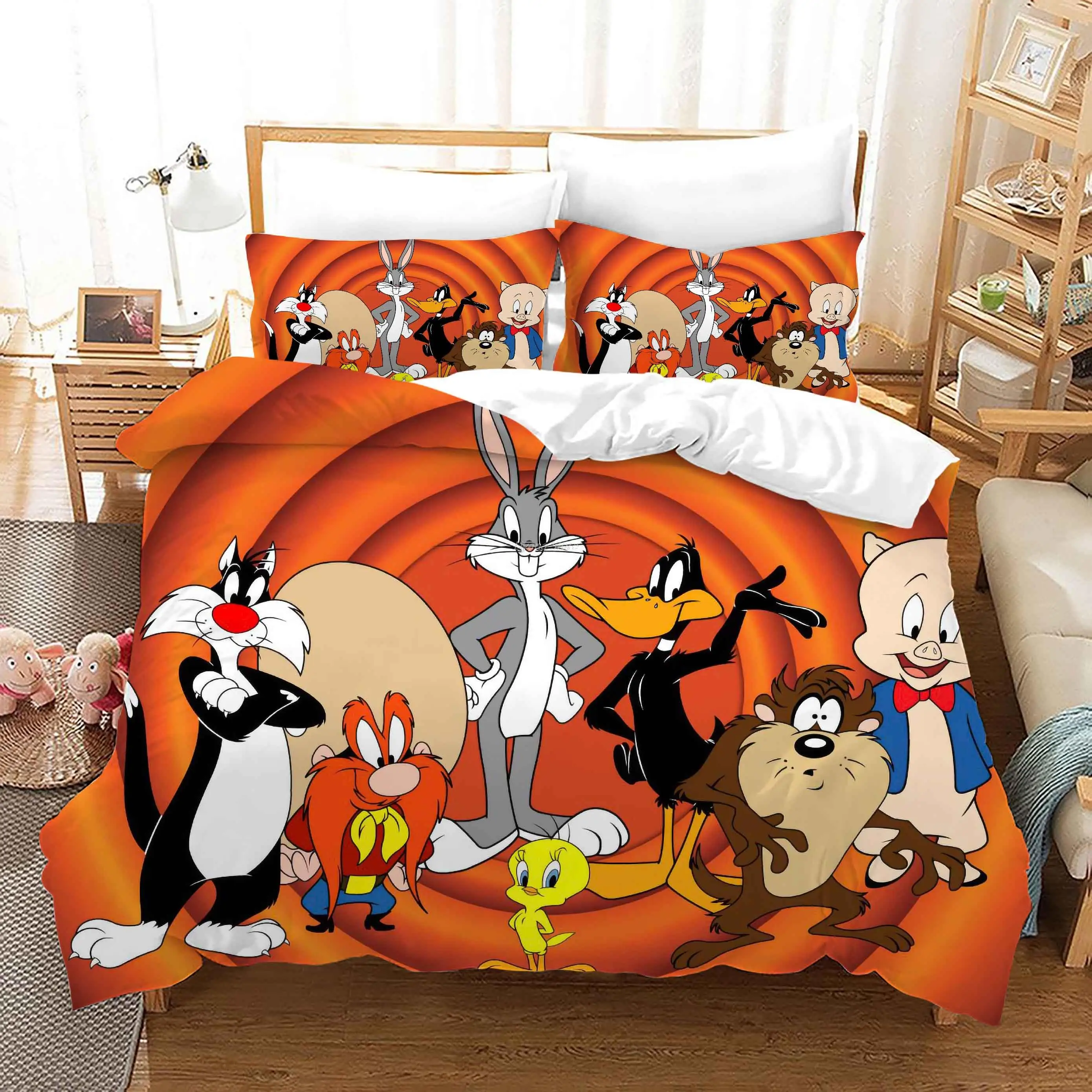 

3D Cartoon Bugs Bunny Daffy Duck Duvet Cover Set for Kids 150 Bed Set Porky Pig Bedding Set King Size 3D Quilt Cover Bed Linen