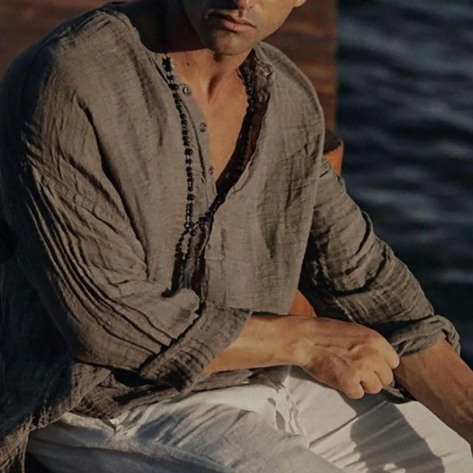 

Spring Summer Men's Casual Cotton Linen Solid Colors Long Sleeve Loose Breathable Button Stand Collar Shirts Camisa Masculina#g3