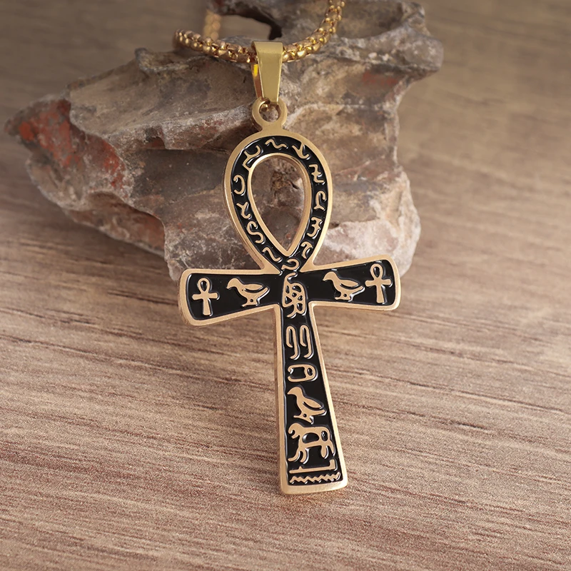 

Vintage Ancient Egypt Ankh Cross Pendant Stainless Steel Gold Color Personality Cyclist Necklace Amulet Jewelry Accessories