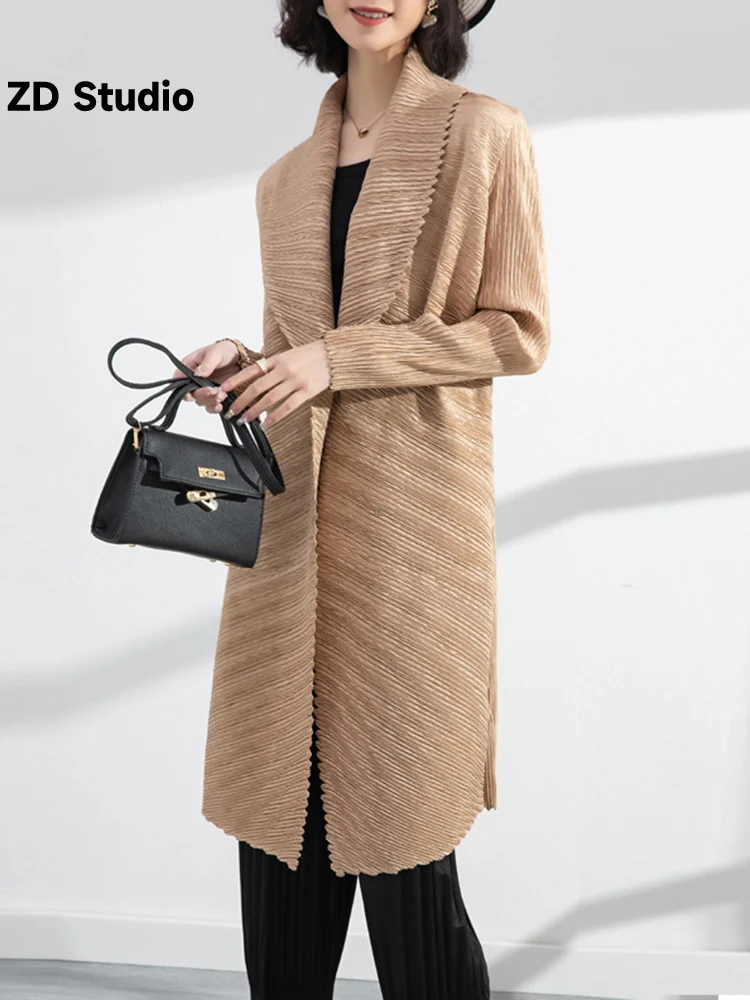 

[ZD Studio] Casual Pleated Trench Coat For Women Single Button Long Sleeves Solid Coats Office Lady Clothes 2023 Autumn New