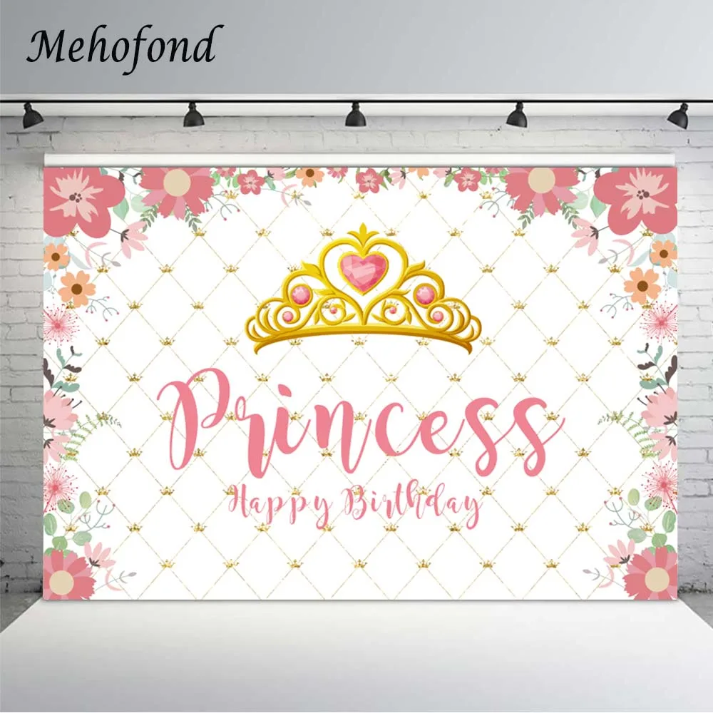 

Mehofond Photography Background Princess Happy Birthday Party Gold Crown Repeat Pink Flowers Backdrop Decor Photo Booth Vinyl
