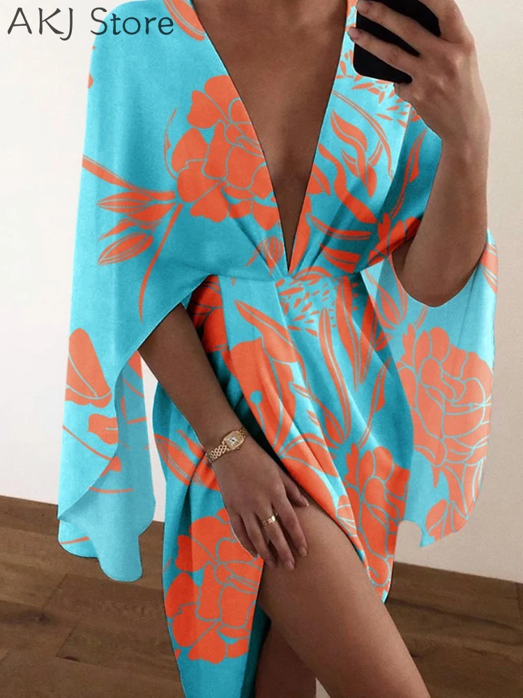 

Women Batwing Sleeve Print Slit Maxi Dress
