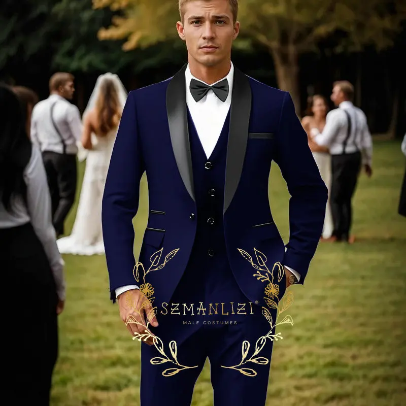 Фото Формальные темно-зеленые мужские костюмы Slim Fit из 3-х предметов смокинг жениха с шалью и лацканами Блейзер Брюки Комплект свадебных женихов Выпускной Мужская мужская одежда №4