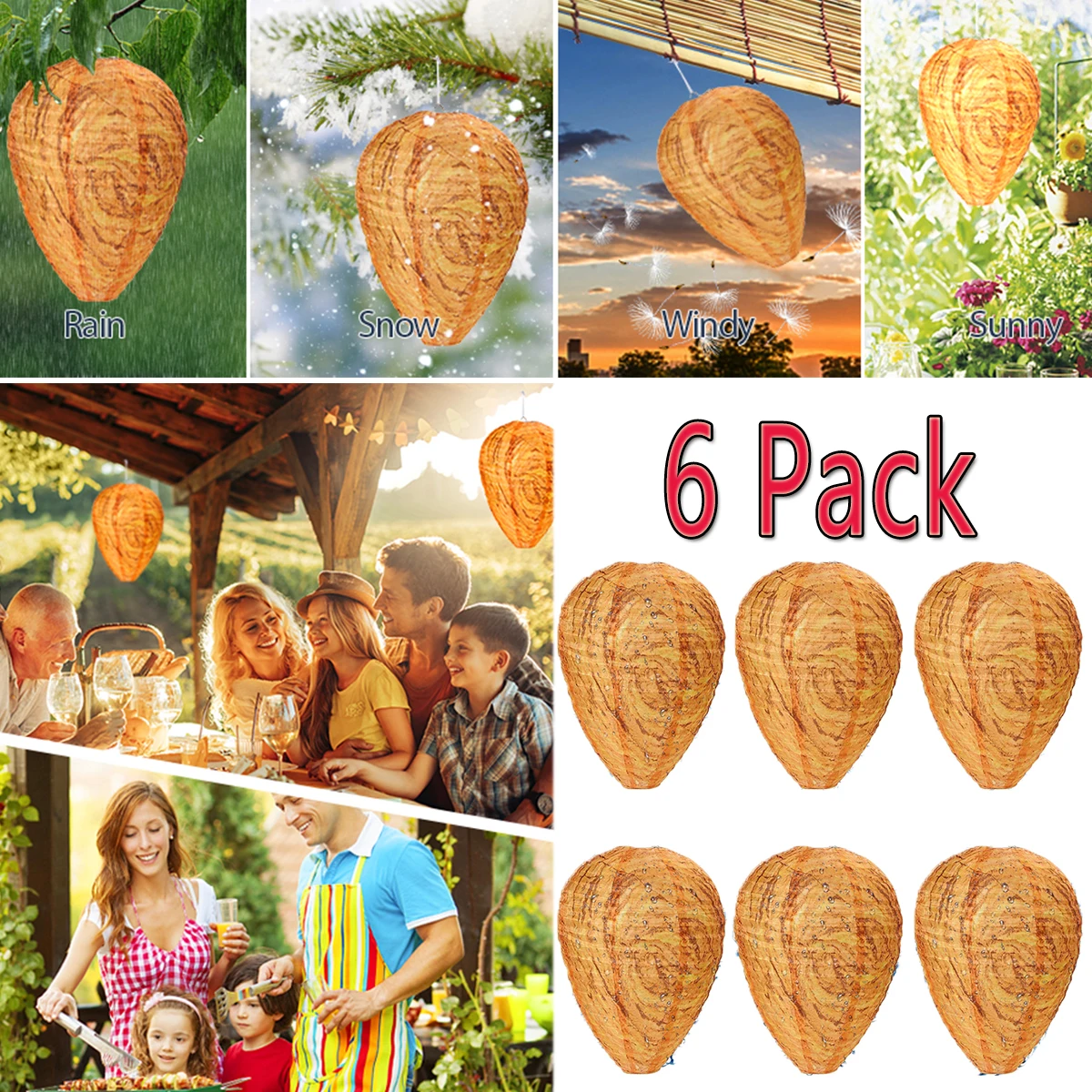 6Pack Wasp Nest Decoy Fake Wasp Nest Non-Toxic Waterproof Wasp Deterrent Repellent for Garden Hornets Hanging Wasp Trap