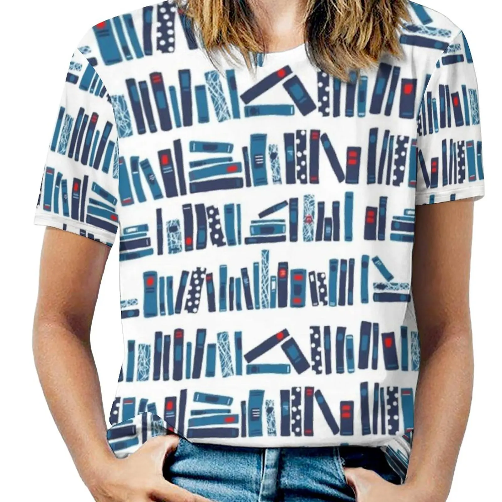 

Keep Reading Woman'S T-Shirt Spring And Summer Printed T Shirts Crew Neck Pullover Top Books Pattern Blue Red Reading