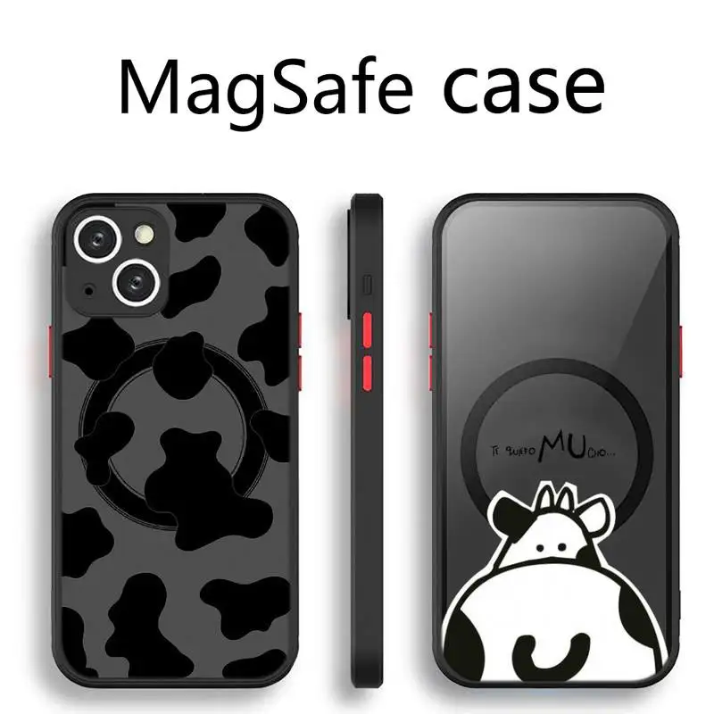 

New White Black Cow Symbol Pattern Print Phone Case Transparent Magsafe Magnetic Magnet For iPhone 13 12 11 Pro Max Mini