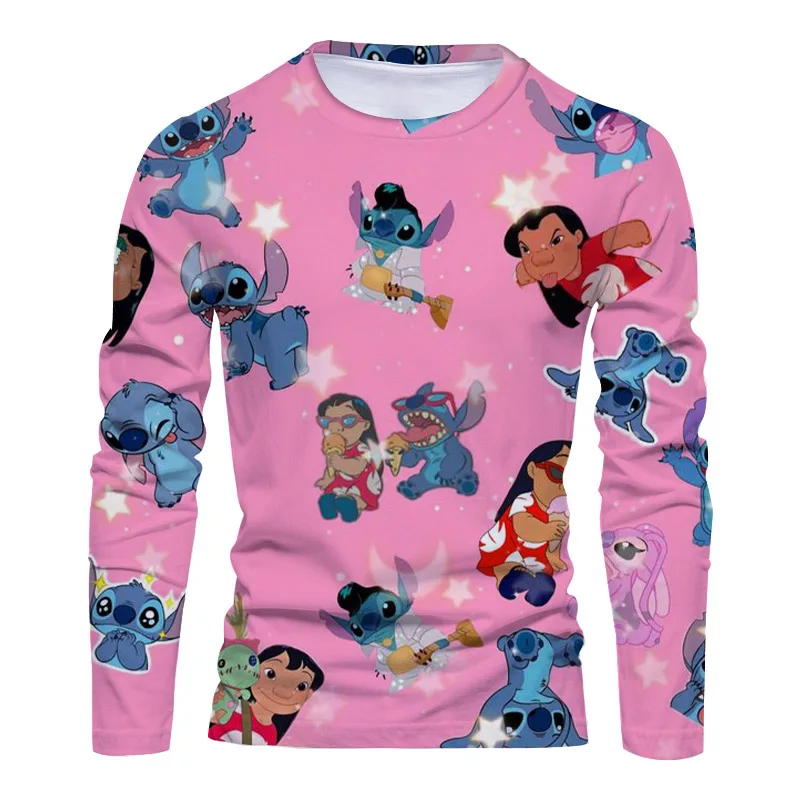 Fall 2024 Disney Brand Stitch and Donald Duck Anime 3D Printed New Beach Party Casual Trend Men's Crew Neck Long Sleeve T Shirt