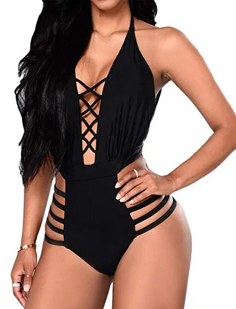 

2022 Swimming Bikini Suit for Women High Waisted Swimsuit Sexy Black Solid Swimwear Bandage Bikini Set Monokini Bathing Suit