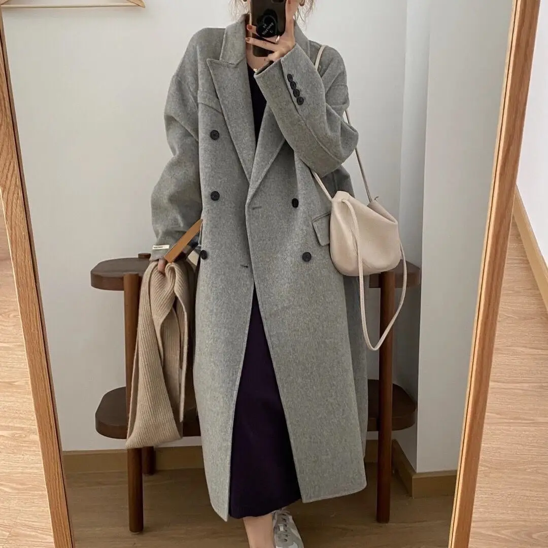 

Женское шерстяное пальто, свободное двубортное пальто средней и длины с воротником-костюмом, Корейская версия, Осень-зима