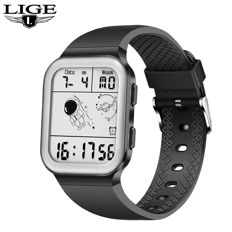 

LIGE Fashion Astronaut Watch For Men Silicone Alarm Waterproof Luminous Square Men Watch Sport Electronic LED Digital Man Clock